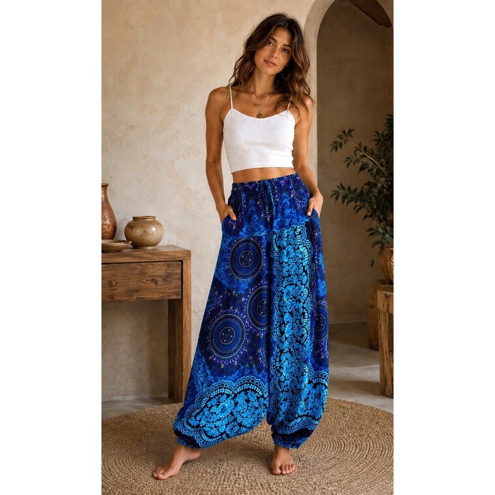 Thai Harem Pants Blue Paisley Boho Festival Yoga One Size